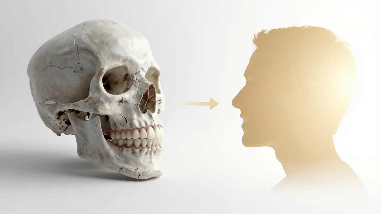 Dvě časové osy: poškozené zuby vs. zdravé, zarovnané zuby s jasným přechodem.