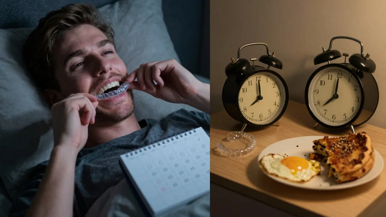 Dvě části obrázku: levá strana ukazuje pečlivé nasazení rovnátek, pravá strana ukazuje zanedbané rovnátka a jídlo.