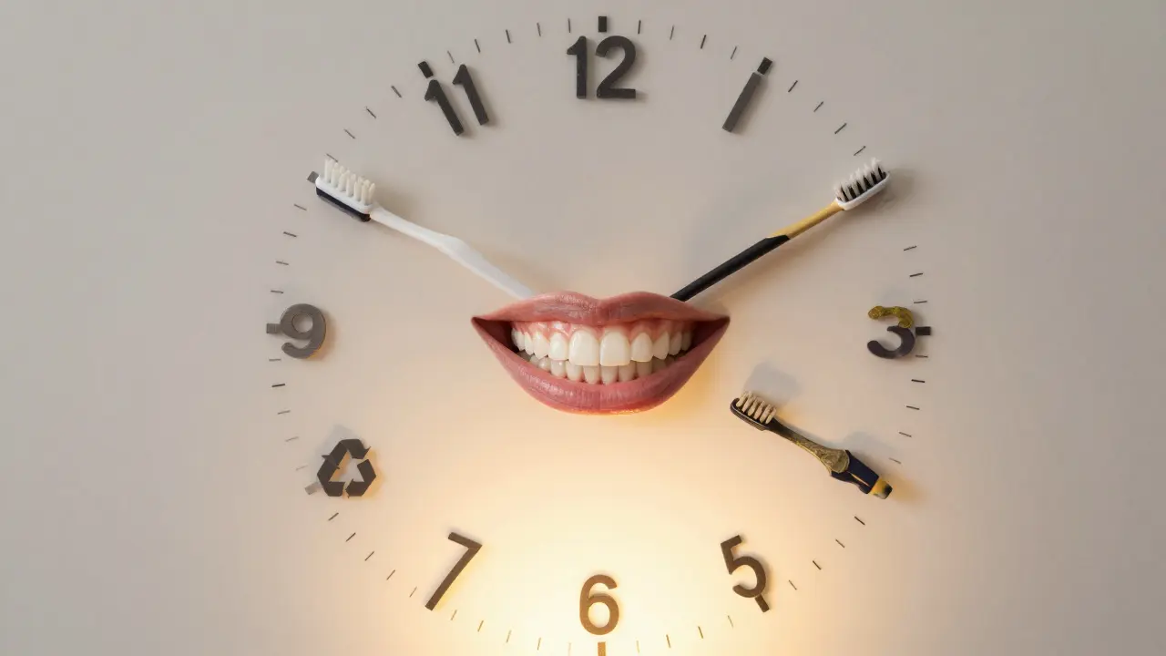 Hodiny s postupně se zhoršujícími mezizubními kartáčky, symbolizující časový rozvoj opotřebení.