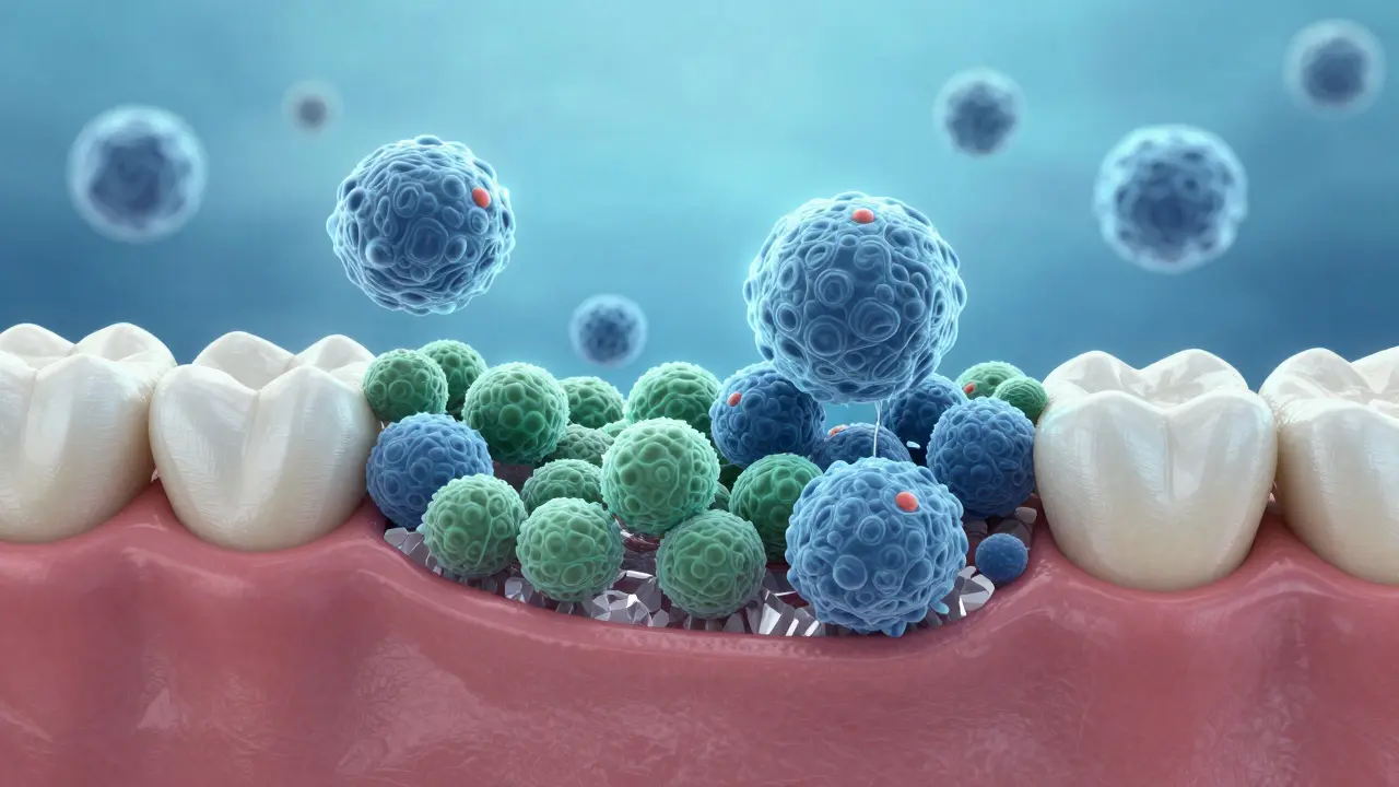 Ilustrace přeměny měkkého plaku na tvrdý zubní kámen pod povrchem.