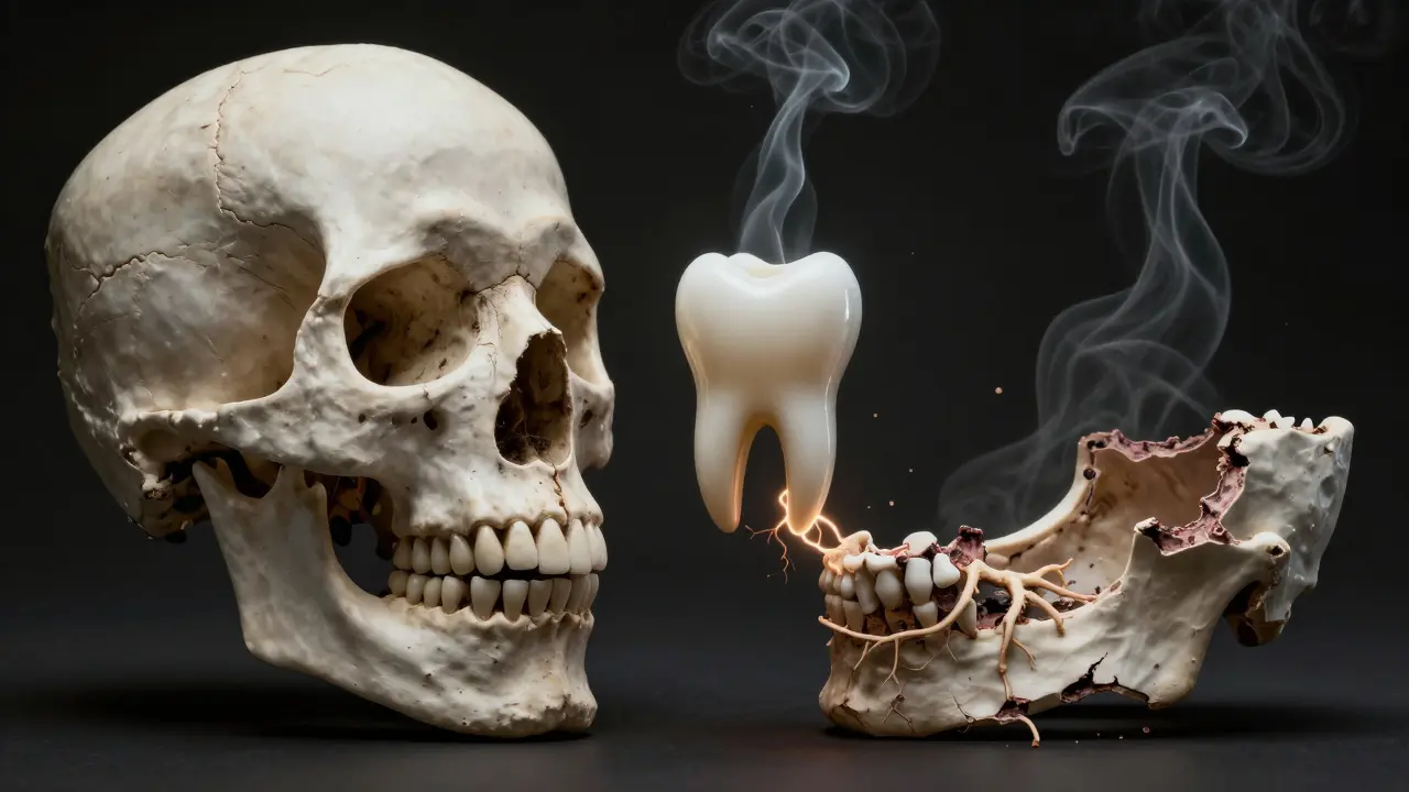 Kost čelisti s jednou stranou zdravou a druhou rozpadající se, zub visí nad poškozenou oblastí.