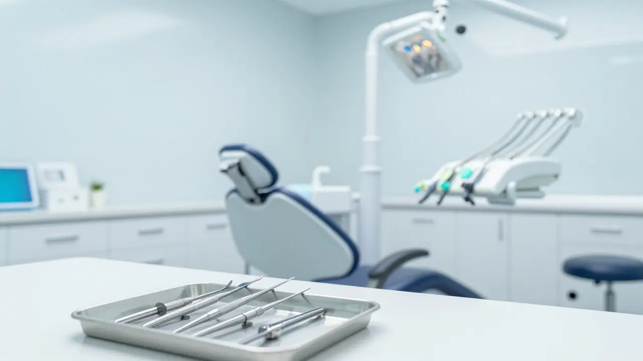 Moderní zubařská ordinace s nástroji a křeslem pro pacienty.