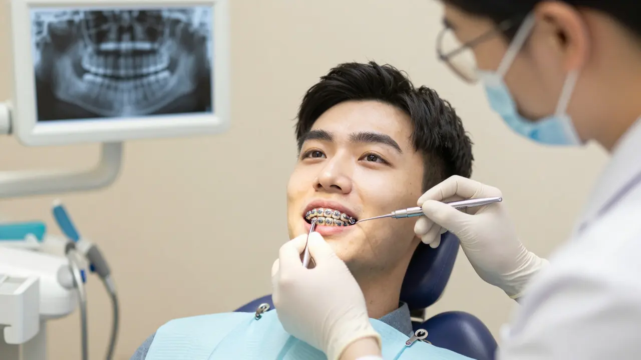 Ortodont upravuje kovová rovnátka pacientovi v ordinaci, na pozadí jsou rentgenové snímky zubů.