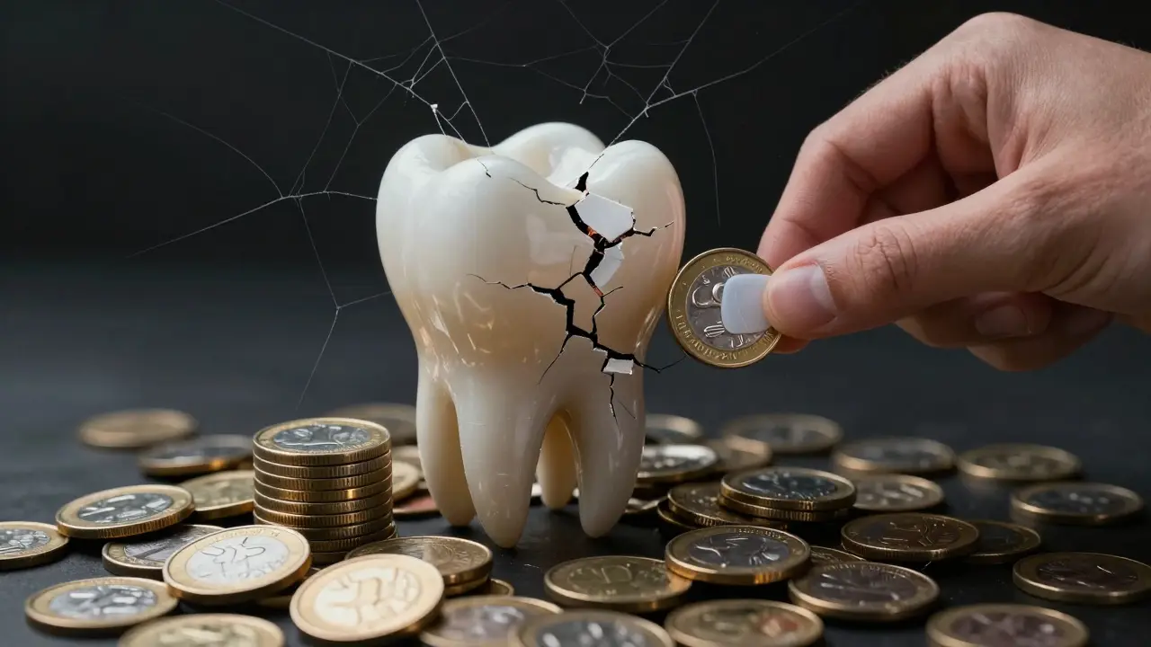 Poškozený zub se mění v mince, zatímco ochranná oprava zabraňuje ztrátě.