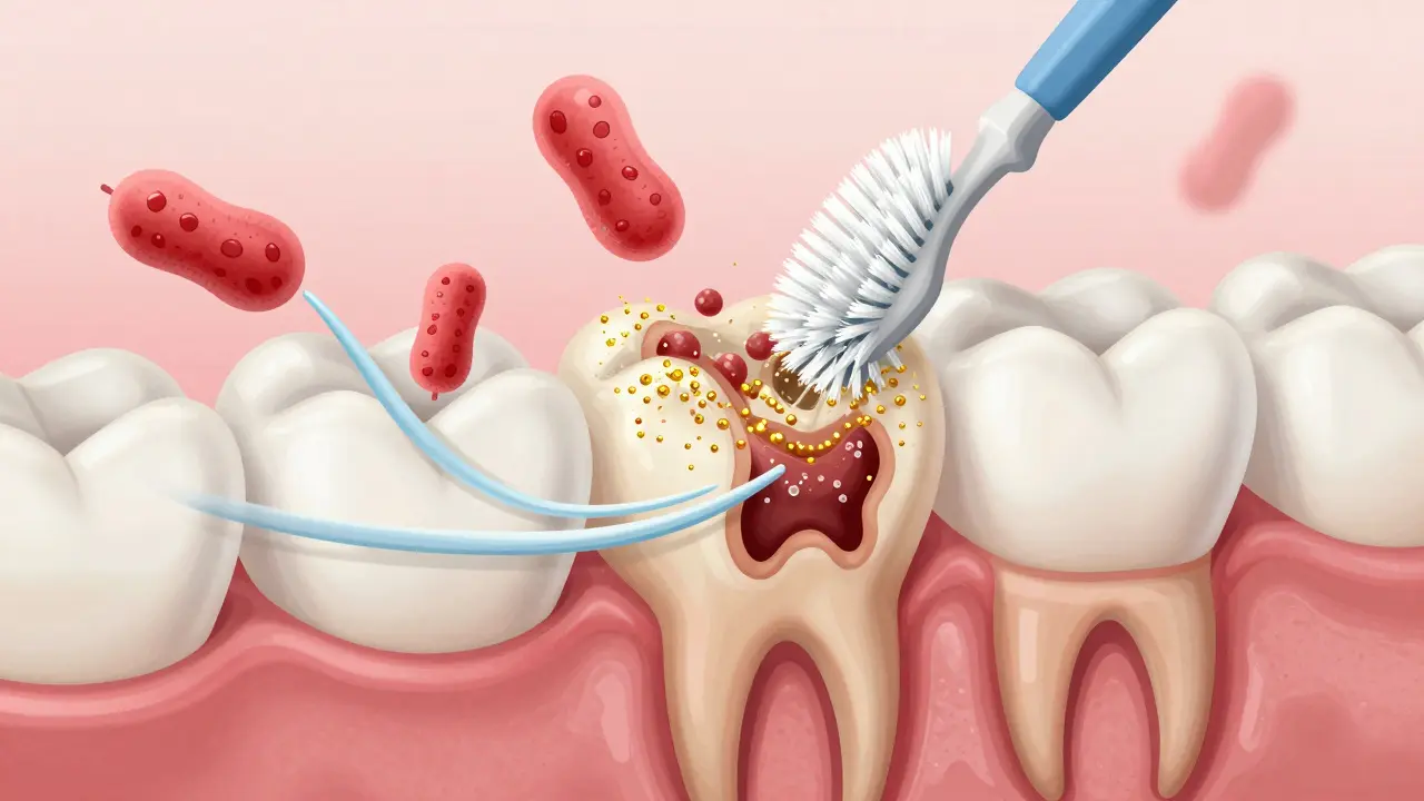 Přehled zubu v řezu: kaz je zastaven fluoridem a sonickými vibracemi, které obnovují sklovinu.
