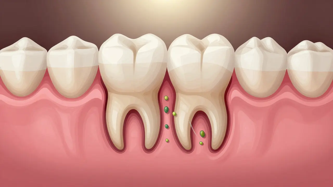 Příčný řez zubem s kamenem pod dásní a bakteriemi v zubních výklenkách.