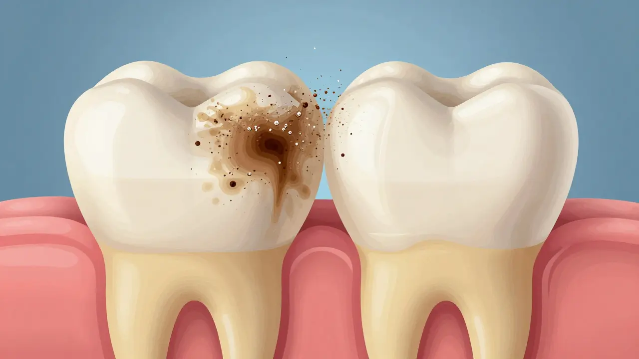 Řez zubem ukazující odstranění povrchových skvrn z emailu, zatímco dentin zůstává tmavý.