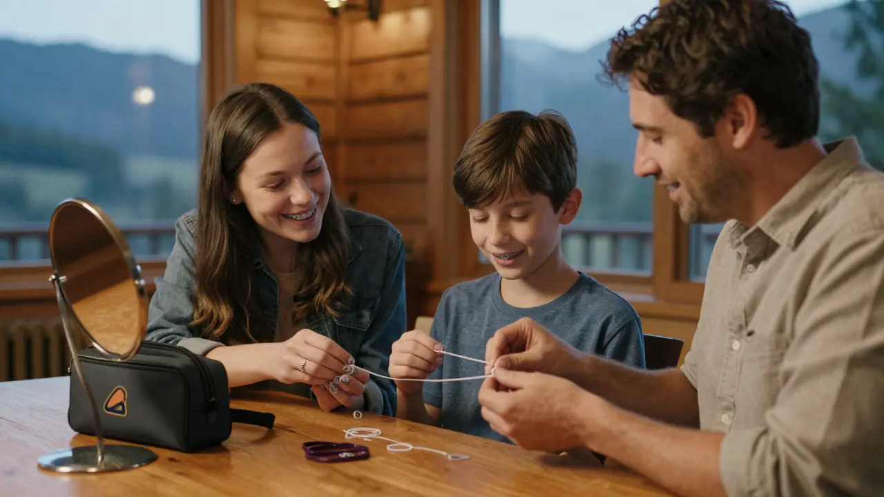 Rodina pomáhá dítěti vložit gumičky na rovnátka, malá cestovní taštička a zrcátko jsou na stole.