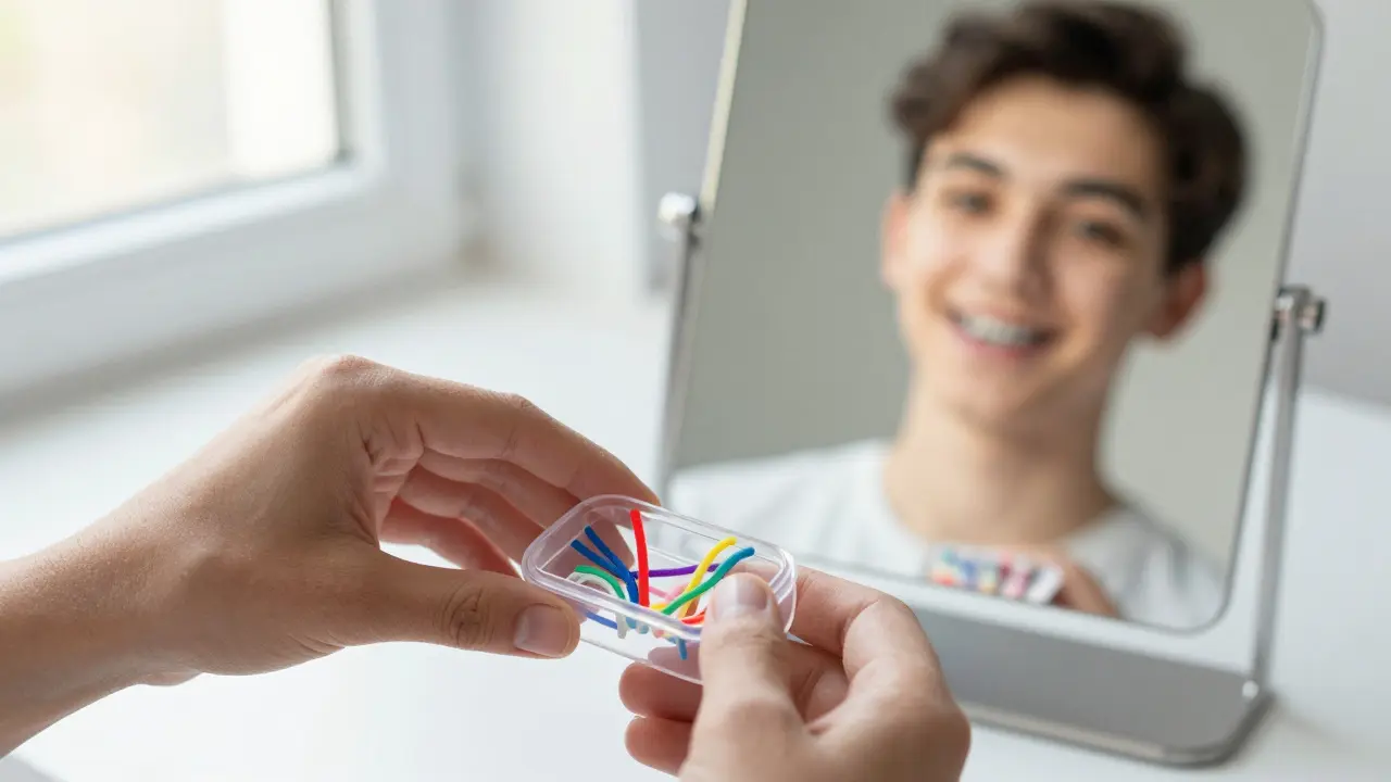 Ruka vkládá nové gumičky do přenosného případu, zrcadlo odrazí úsměv s rovnátky.