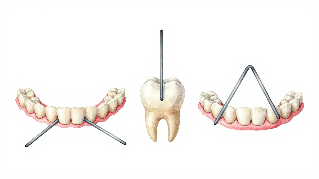 Schematický náčrt tří typů ortodontických gumiček ukazující jejich směry působení.