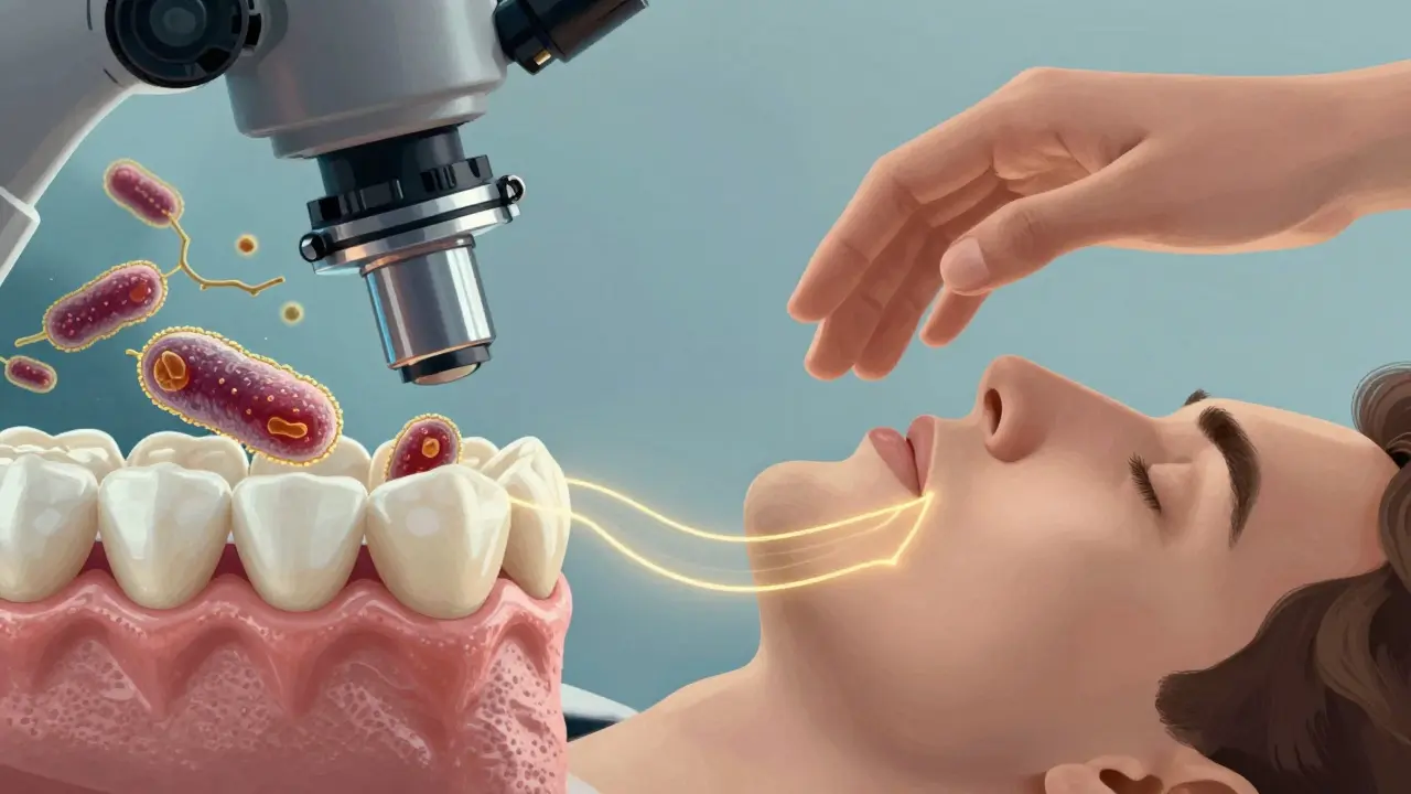 Srovnání mikroskopického pohledu na zubní plak a Reiki energie nad obličejem.