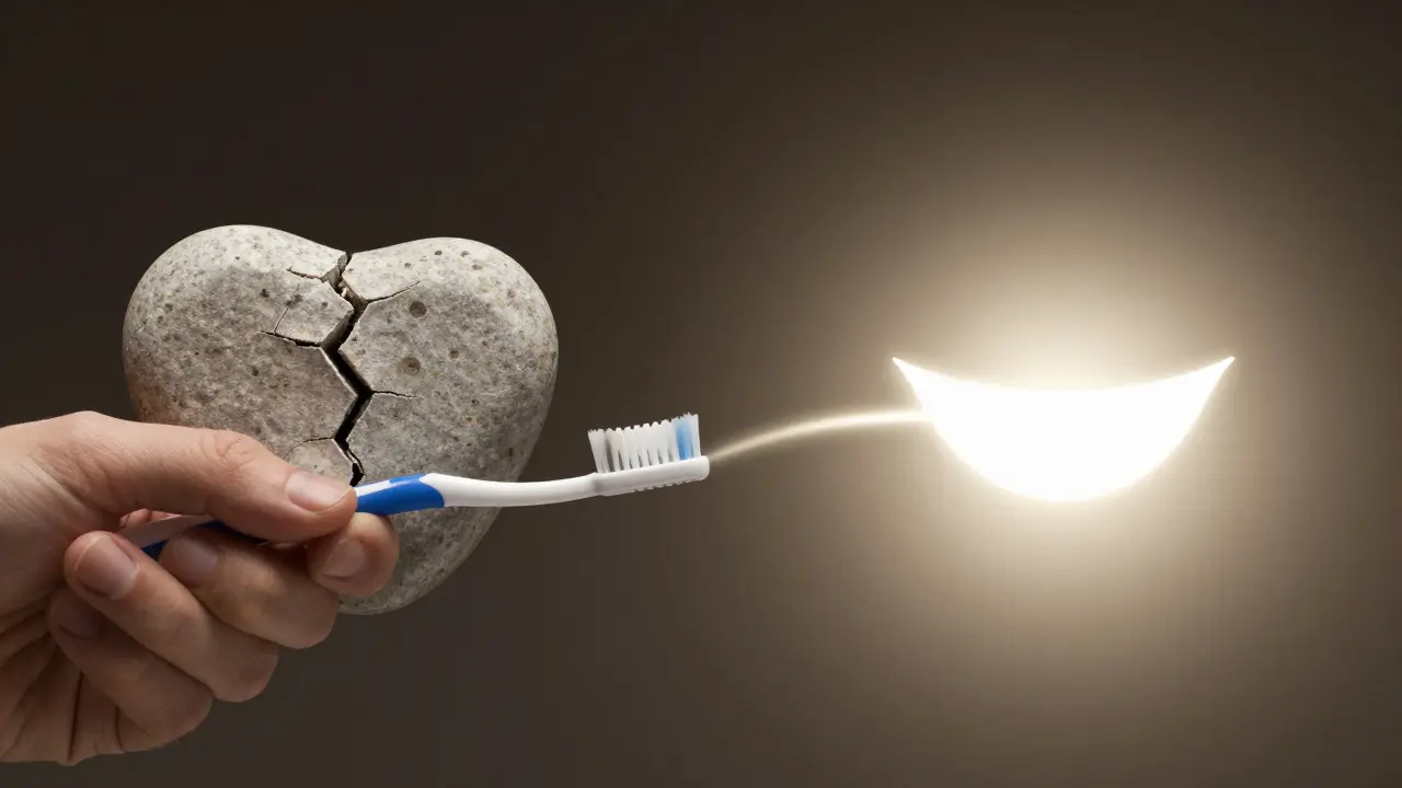 Symbolický obraz čištění zubů proti tvorbě zubního kamene.