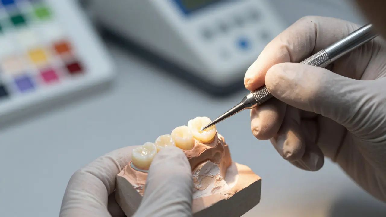 Technika tvoří keramickou korunku v laboratoři.