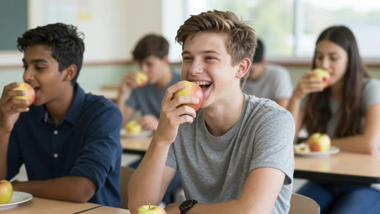 Teenager jedí jablko ve školní jídelně s viditelnými rovnátky, přirozená scéna bez stresu.