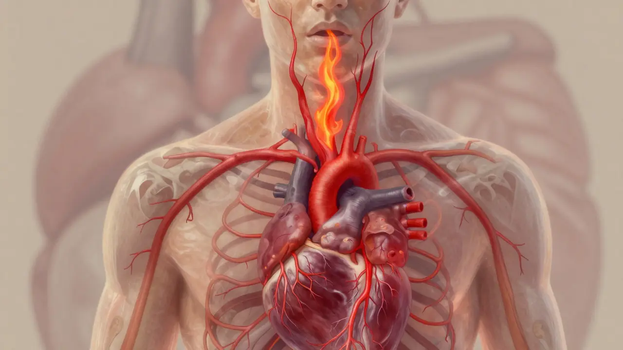 Tělo s červenými vlákny zánětu šířícími se z úst do srdce a kloubů.