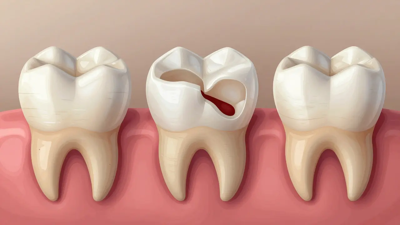 Tři druhy zubních oprav: plomba, vložka a korunka, vedle sebe.