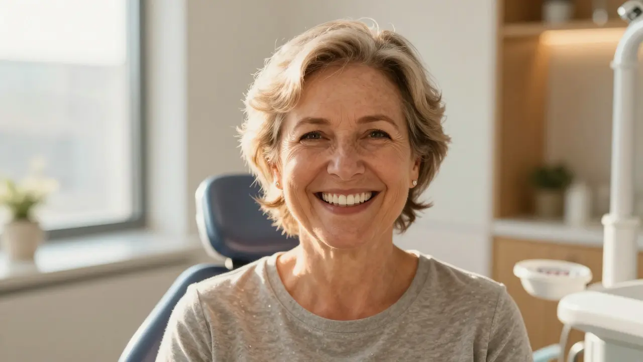 Veselý pacient s novými zuby se usmívá