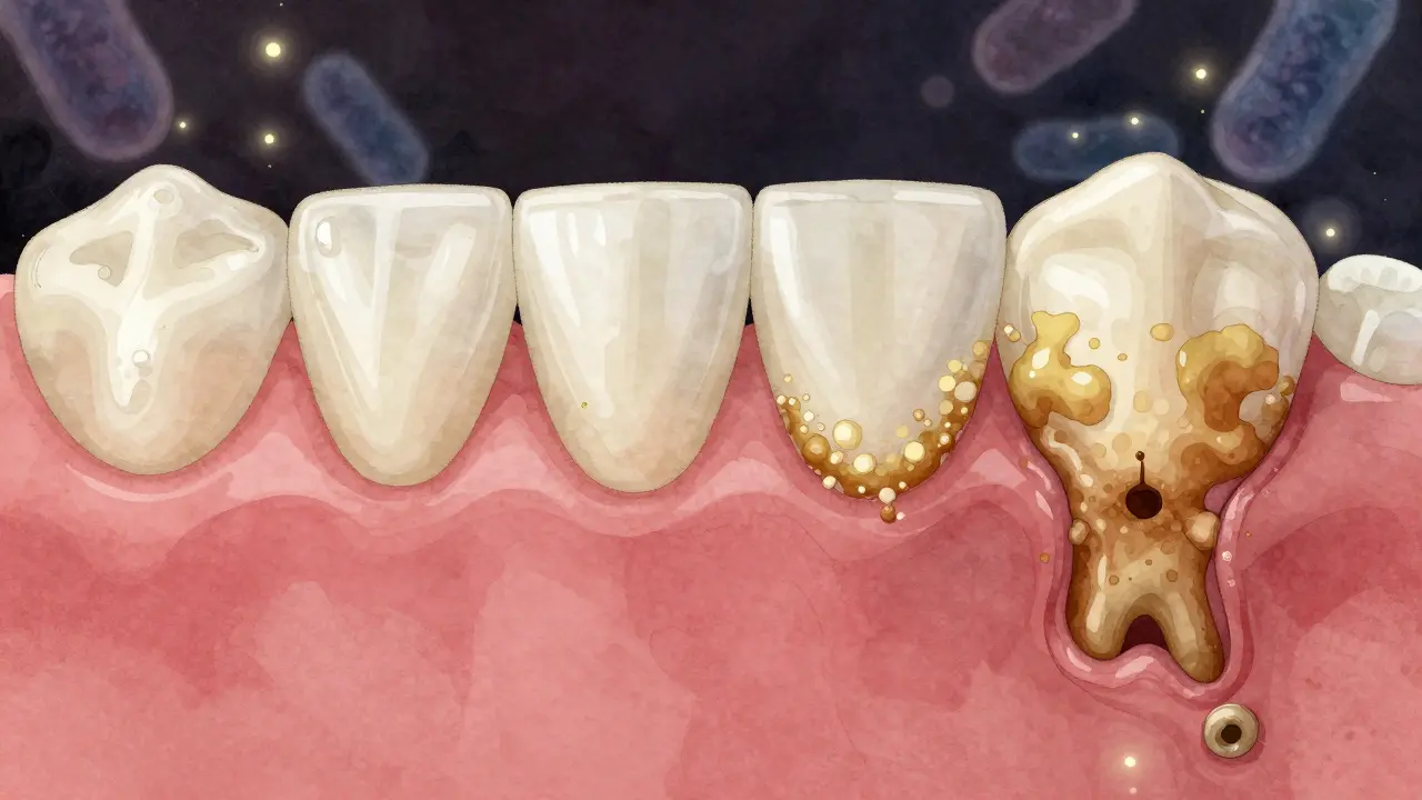 Visual progression of dental plaque hardening into tartar and damaging gum tissue.
