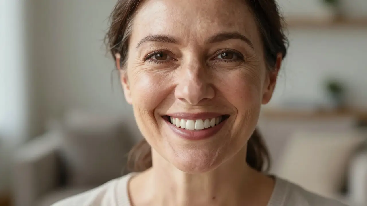 Woman smiling confidently with restored full-arch dental prosthesis in natural light.