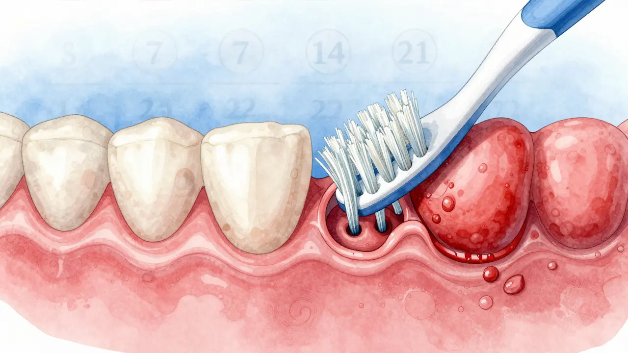 Zdravé a zánětlivé dásně s poškozenými štětinami mezizubního kartáčku pronikajícími do tkáně.