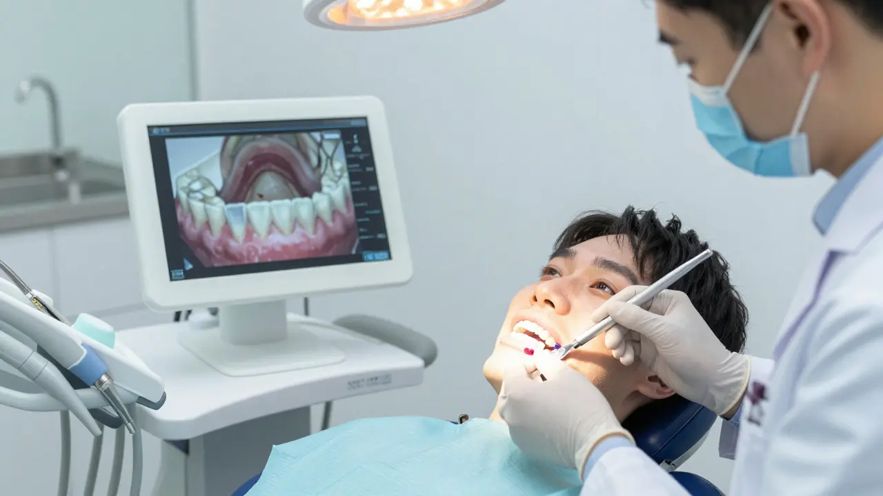 Zubní lékař aplikuje individuální bělící šablonu pacientovi v klinice pod světelným zobrazením.