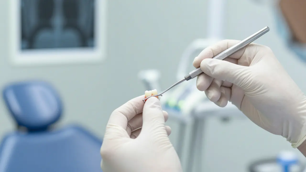 Zubní lékař stabilizuje volný zub tenkým drátem k sousedním zubům.