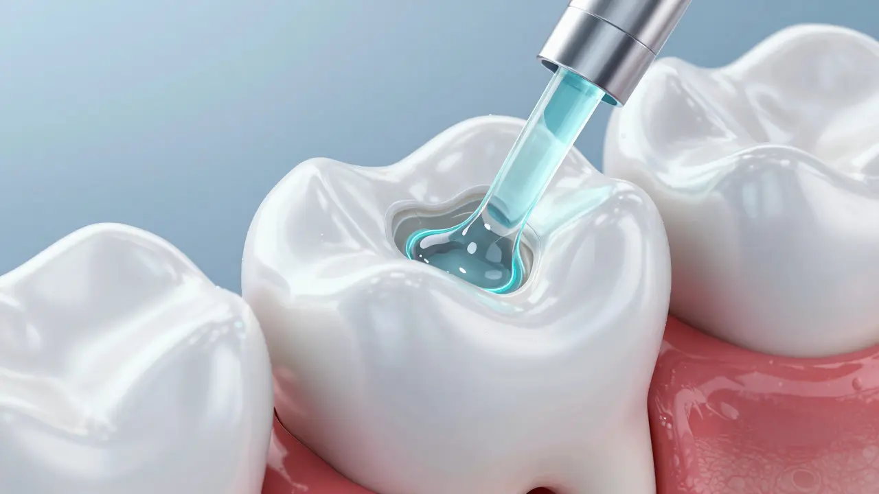 3D ilustrace procesu infiltrace pryskyřicí u metody ICON.