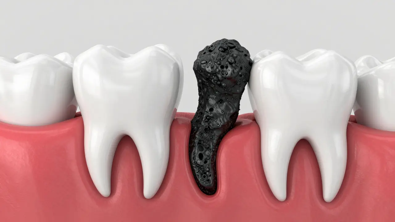 3D znázornění recese dásní způsobené černým zubním kamenem