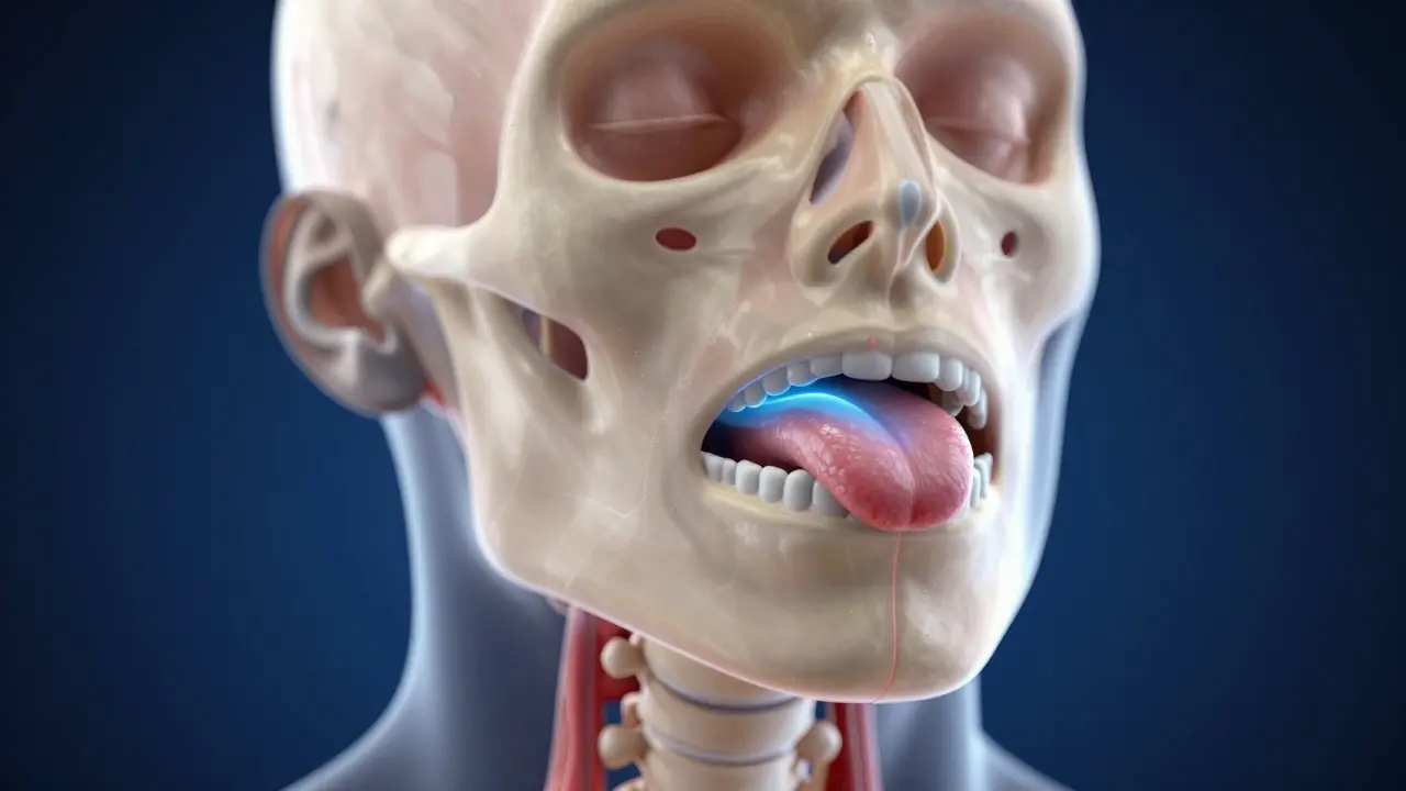 Anatomický nákres zúžené dýchací cesty a polohy jazyka během spánku.