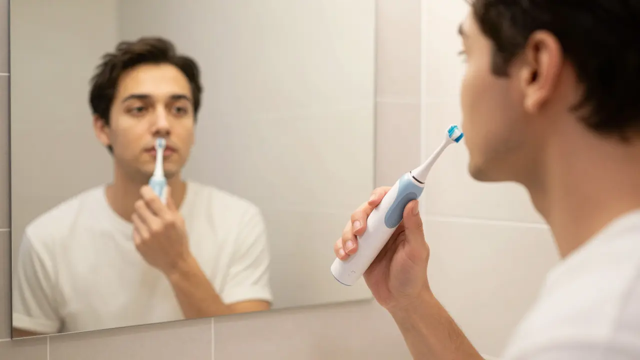 Člověk používající domácí ultrasonický čistič zubů před zrcadlem v koupelně.