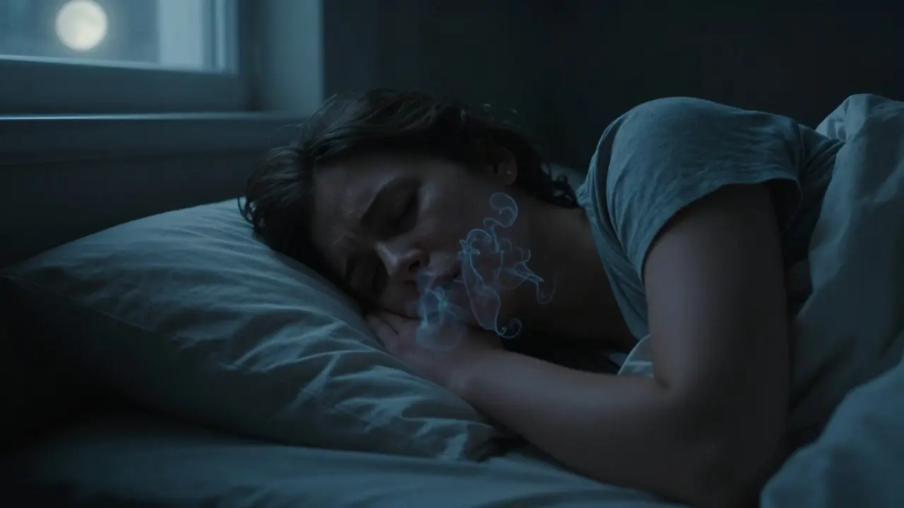 Člověk spící s výrazem napětí, znázornění problémů s dýcháním v noci.