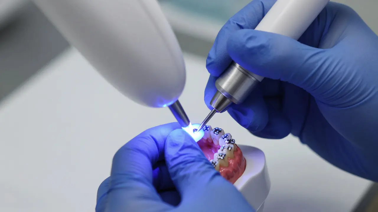 Detail aplikace modrého UV světla pro ztvrdnutí lepidla u keramických rovnatek.