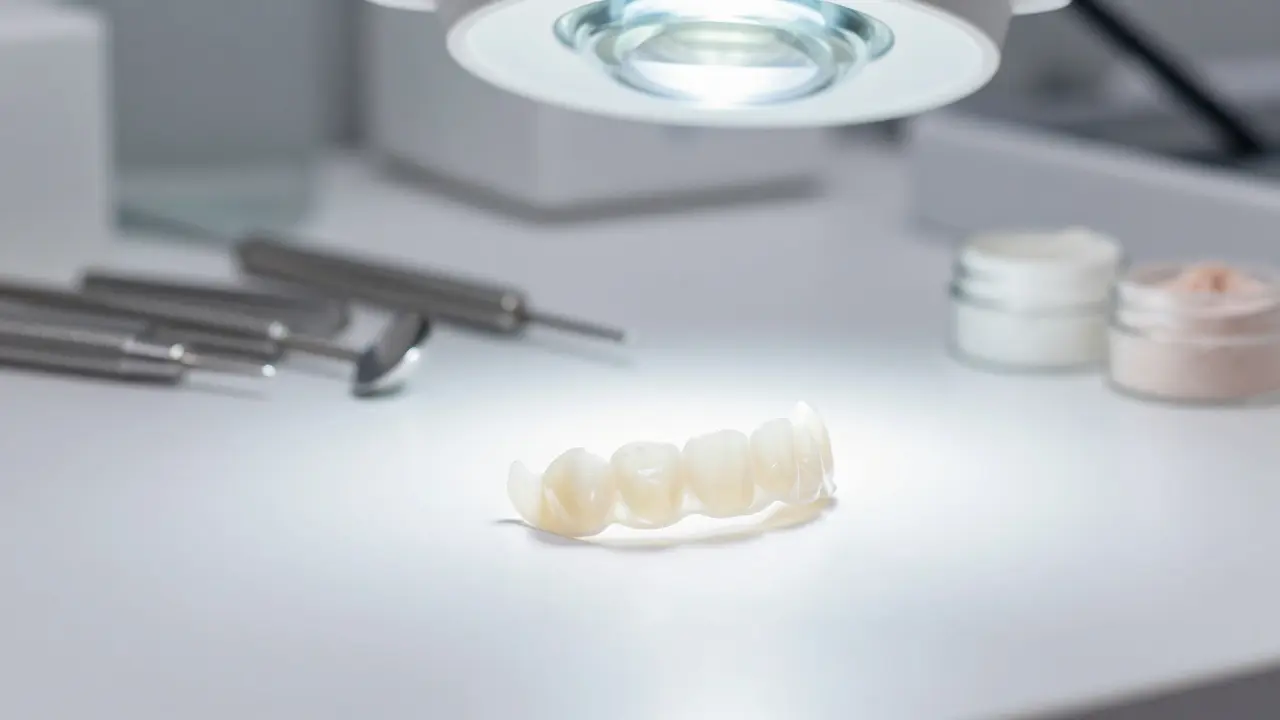 Detail keramických faset v zubní laboratoři, které ukazují jejich průsvitnost.