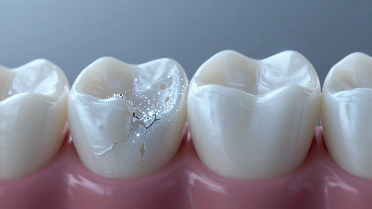 Detail povrchu zubu s ionty vápníku a fluoridu při procesu remineralizace.