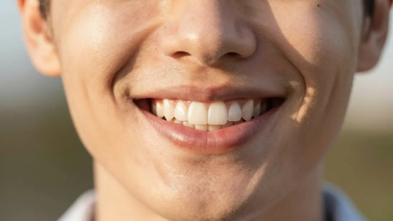 Detail přirozeného a zářivého úsměvu osoby po aplikaci keramických fazet.