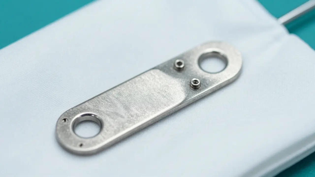 Detail titanového plátku a šroubků používaných při operaci čelisti