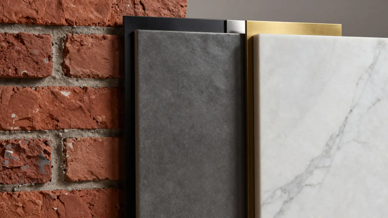 Detailní vzorky klinkerových cihel, keramické dlažby a mramoru s dekorativními lištami.