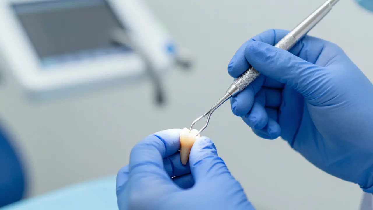 Detailní záběr na dentální nástroj kyretu při hloubkovém čištění kořene zubu.