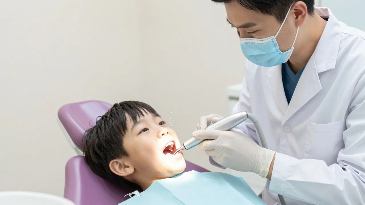 Dětský zubař používá ultrazvukové zařízení k profesionálnímu odstranění zubního kamene.
