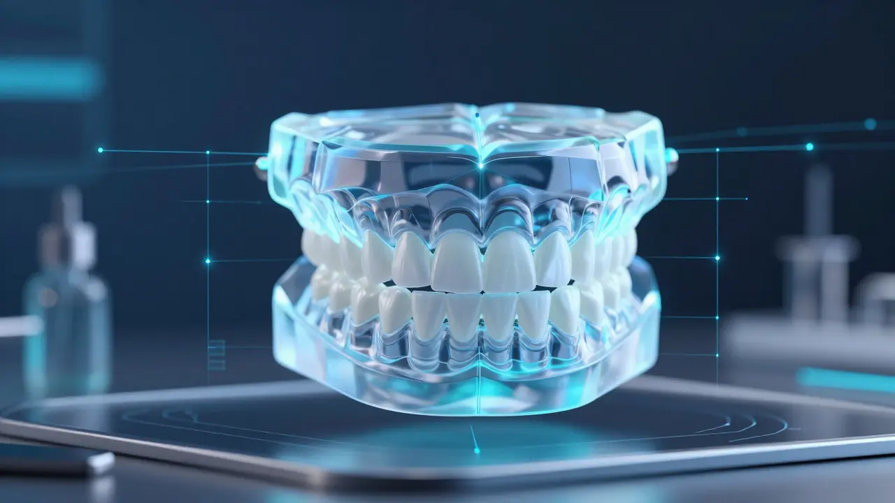 Digitální 3D model čelistí znázornující proces CAD/CAM návrhu fazet.