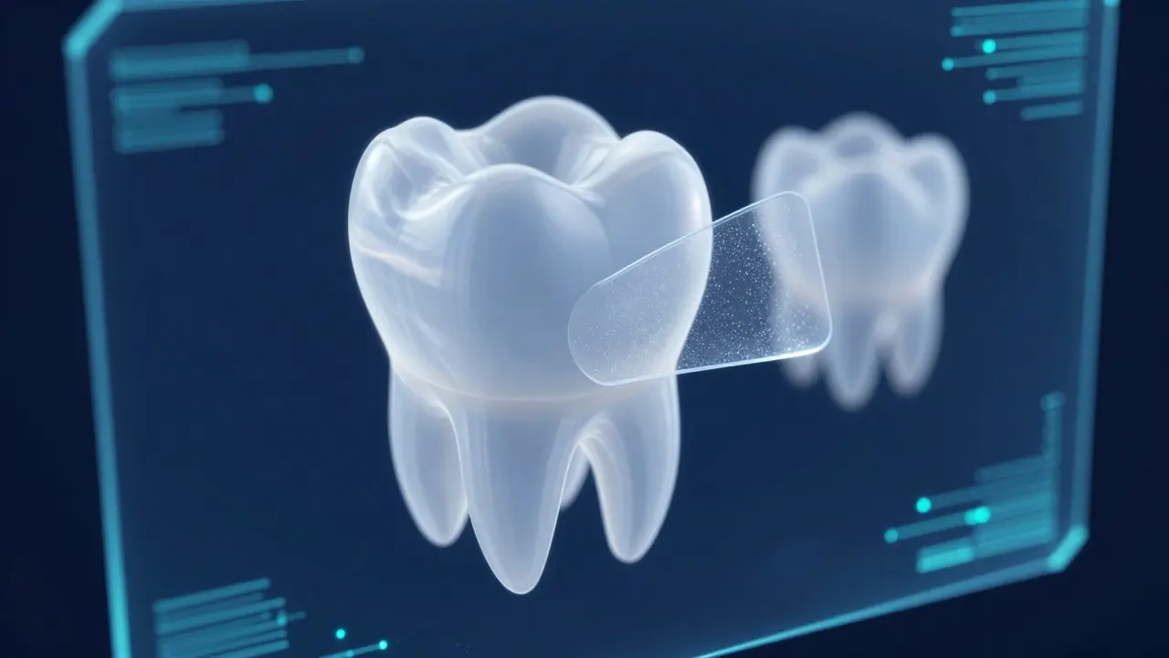 Digitální 3D model zubu znázornující proces návrhu keramické fasetky.