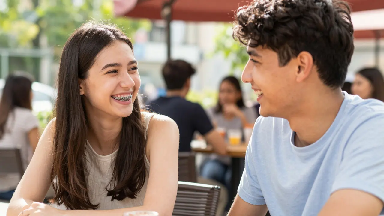 Dvě lidi se radostně smějí v kavárně, přičemž jeden z nich má diskrétní gumičky na rovnátkách.