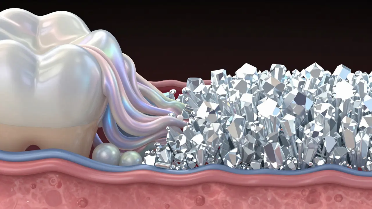 Ilustrace přeměny proteinového gelu v tvrdé krystaly hydroxyapatitu v zubu.