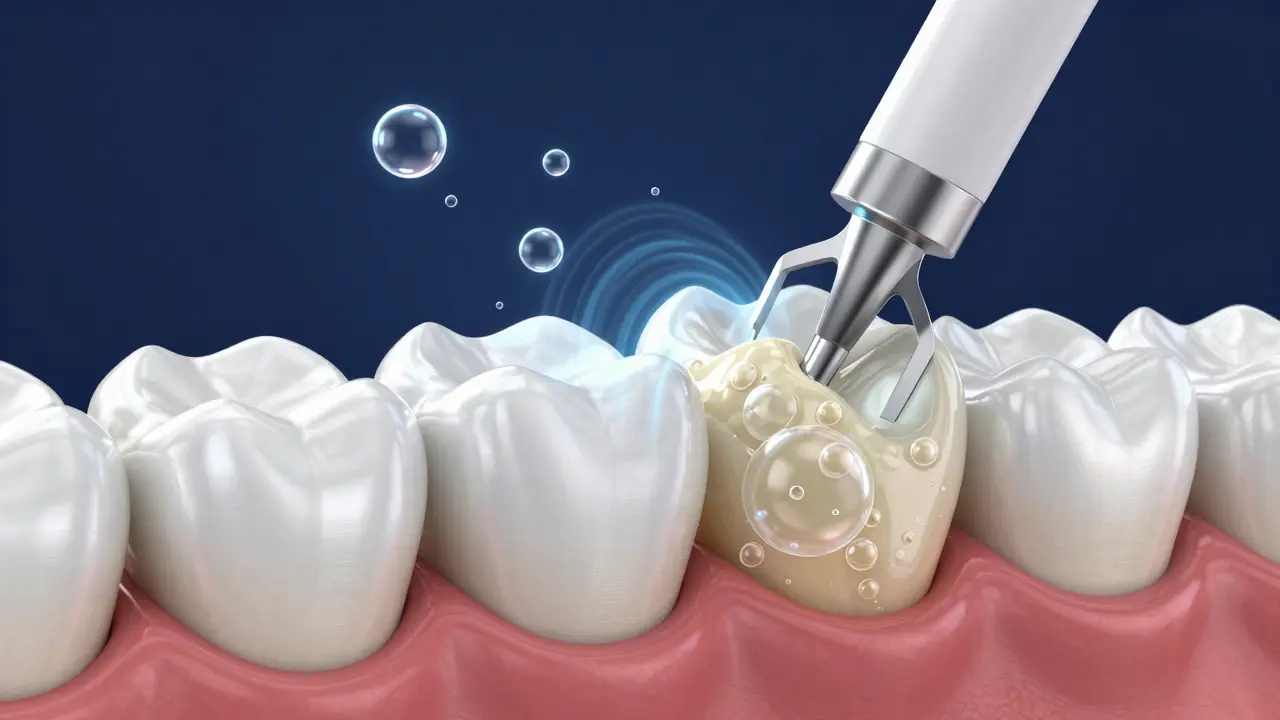 Ilustrace procesu kavitace a odstranění zubního kamene pomocí ultrasonických vln.