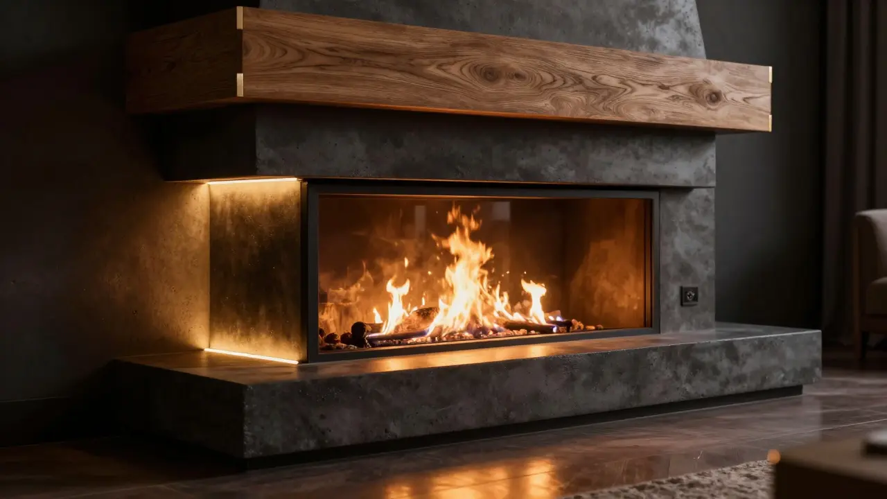 Industriální krb z betonu s LED podsvícením a dřevěnou policí.