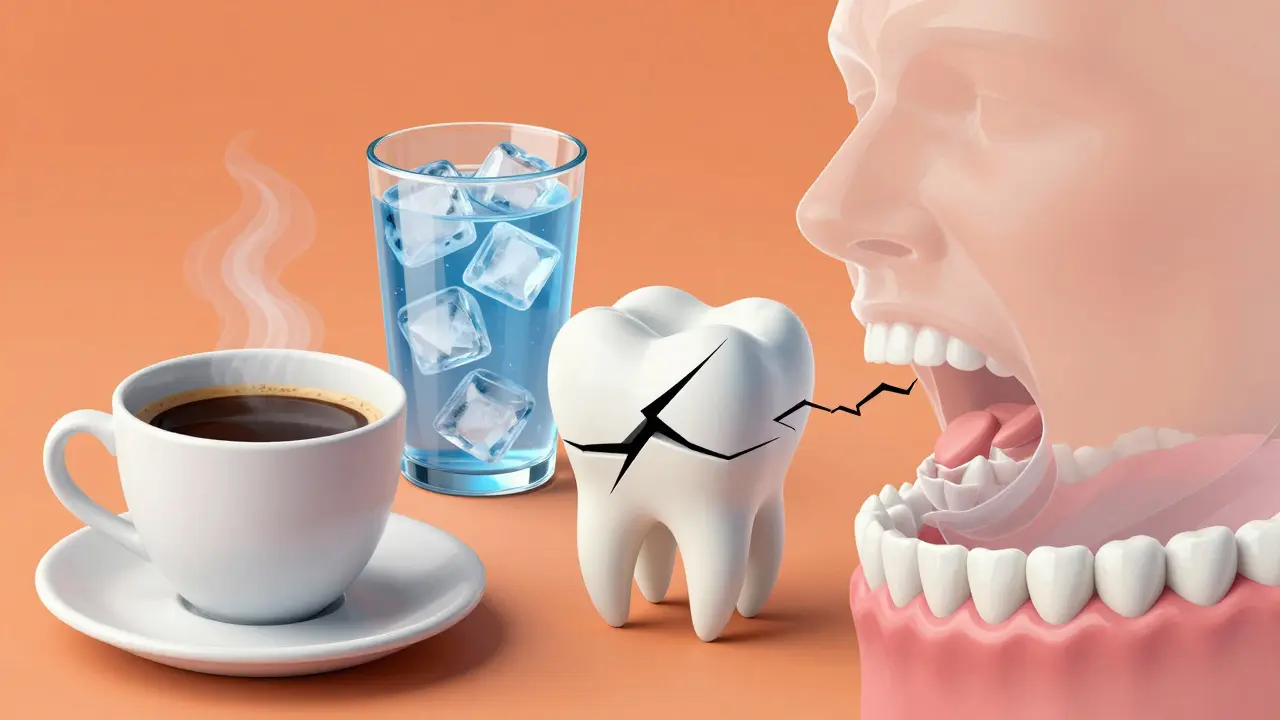 Konceptuální obraz příčin prasklin: teplotní šoky, tvrdé potraviny a skřípání zubů.