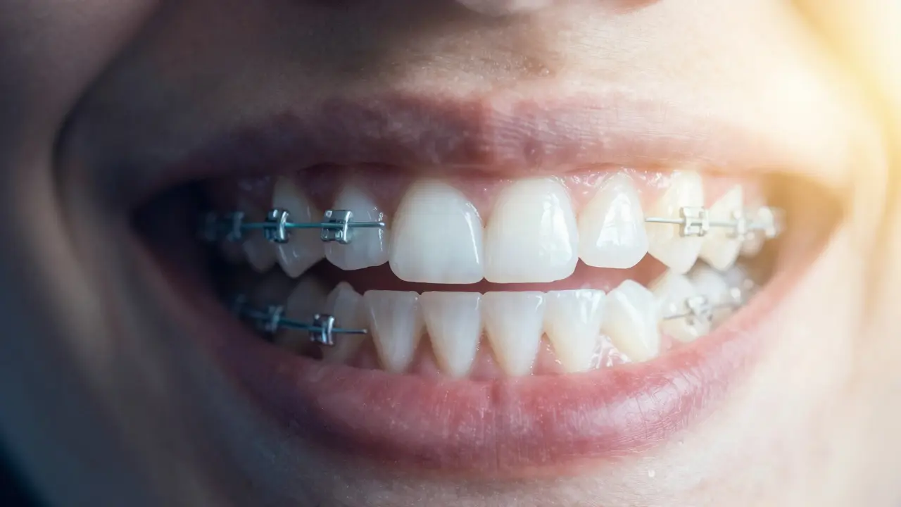 Konceptuální obraz znázornující přechod od nošení gumiček k dokonalému úsměvu.