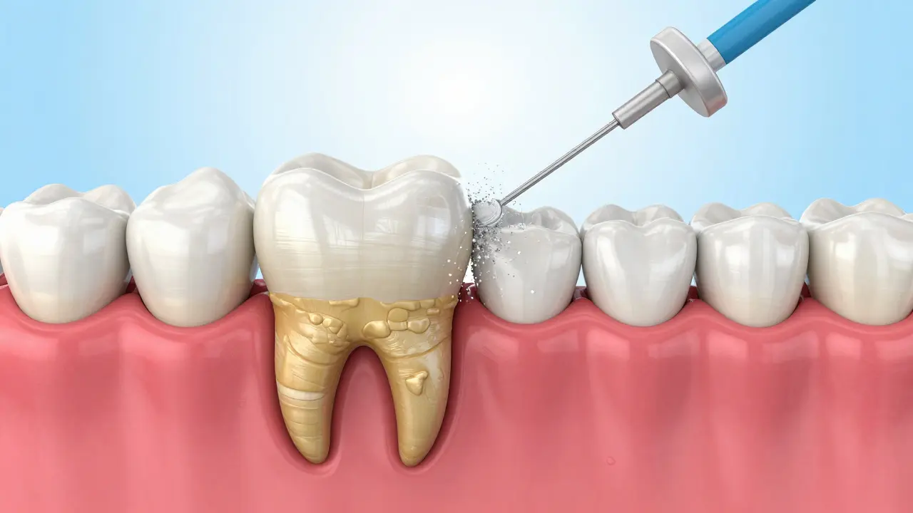 Konceptuální zobrazení odstranění zubního kamene a pigmentace pomocí Airflow.