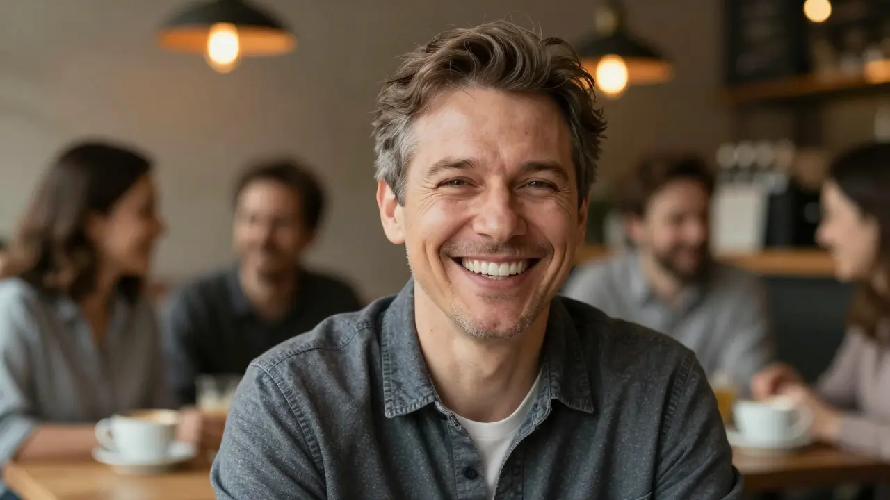 Krásný a přirozený úsměv spokojeného člověka v útulné kavárně.