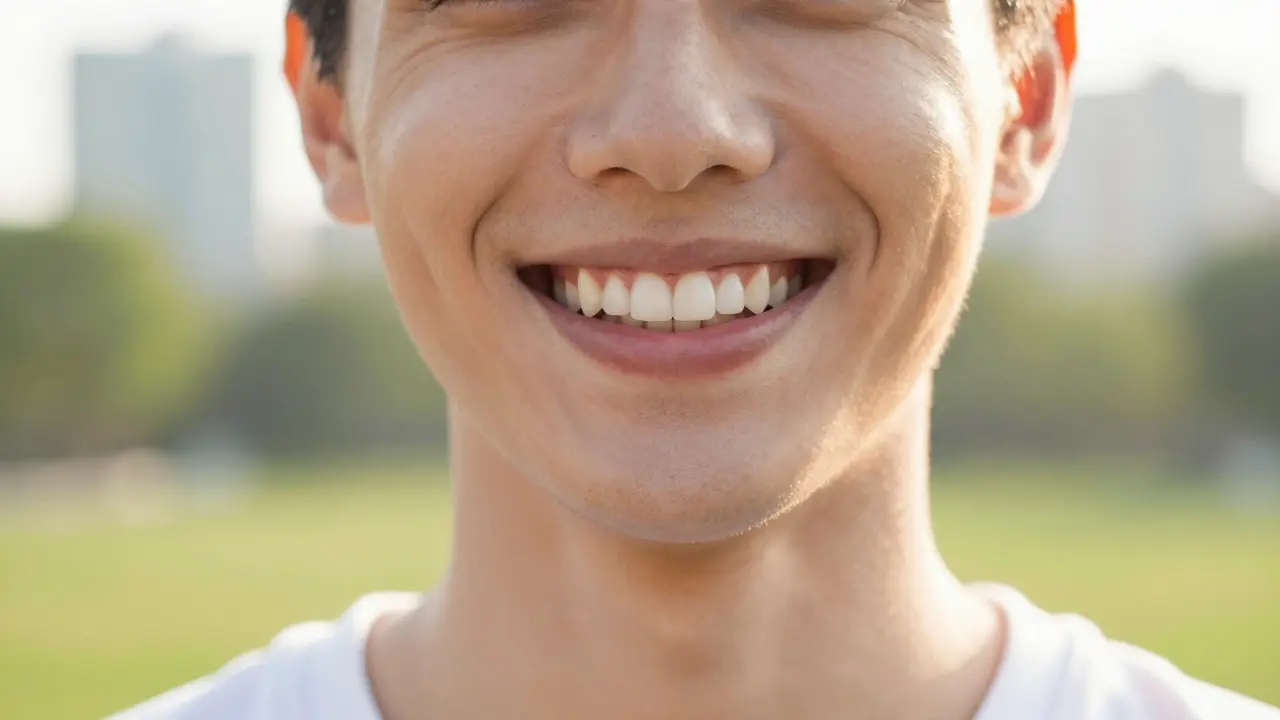 Krásný a zdravý úsměv osoby po úspěšné estetické opravě zubů.